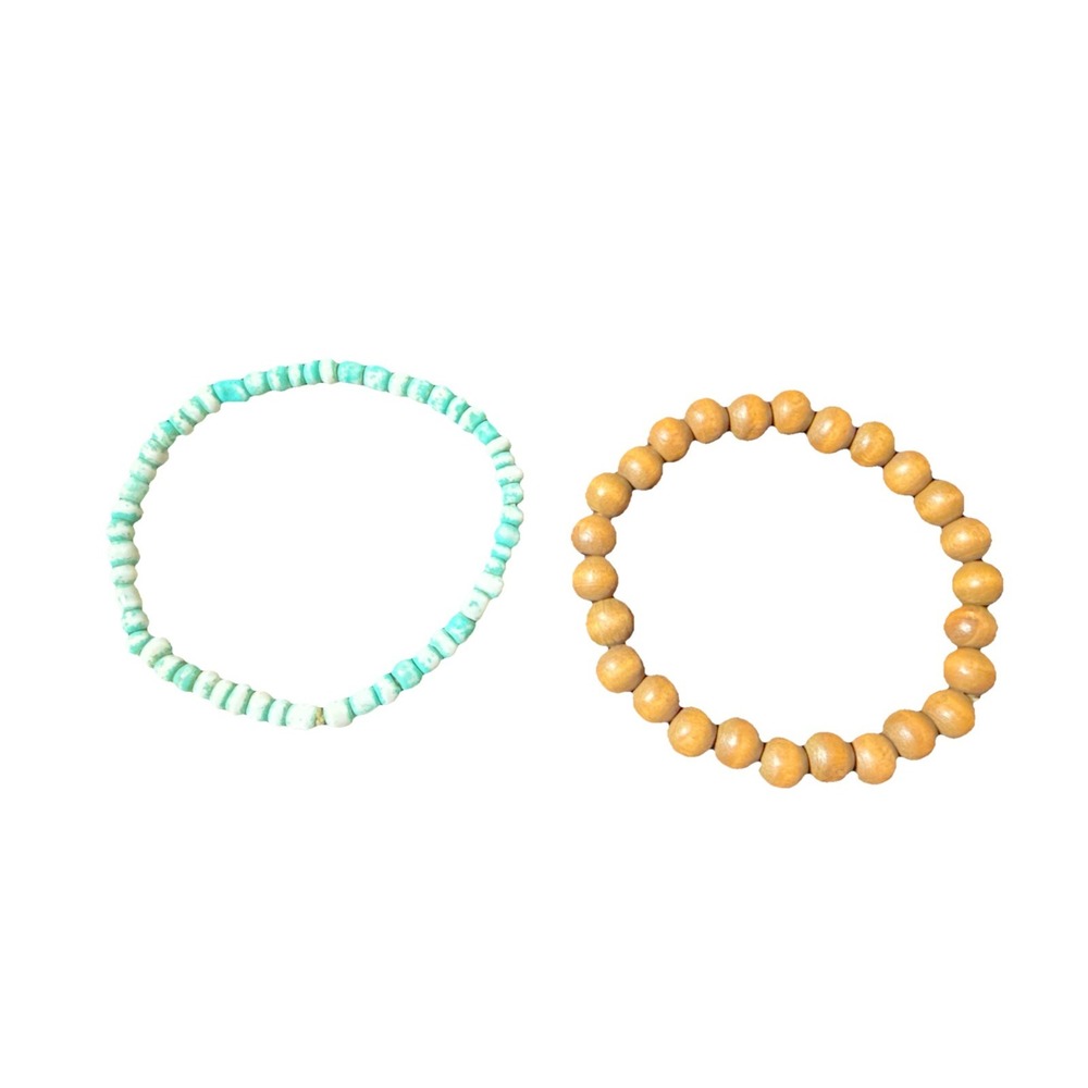 Woven Bracelet with 1 Ceramic & 2 Wooden Beads - Blue‎ - 7" - Screw Clasp